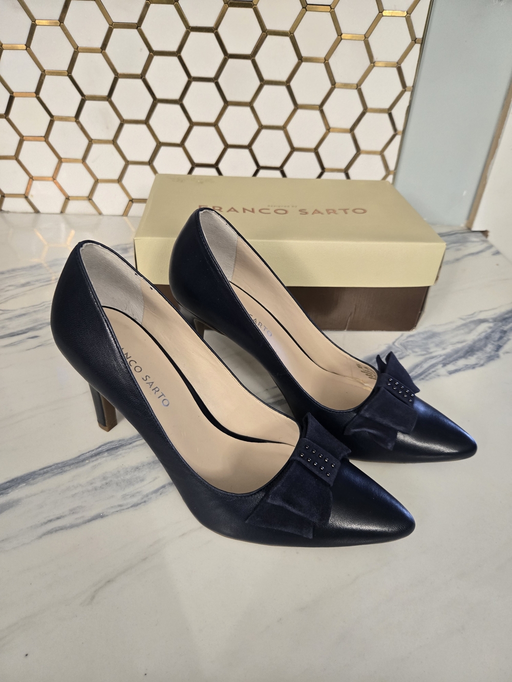 Franco Sarto Navy Pointed-Toe Bow Pumps